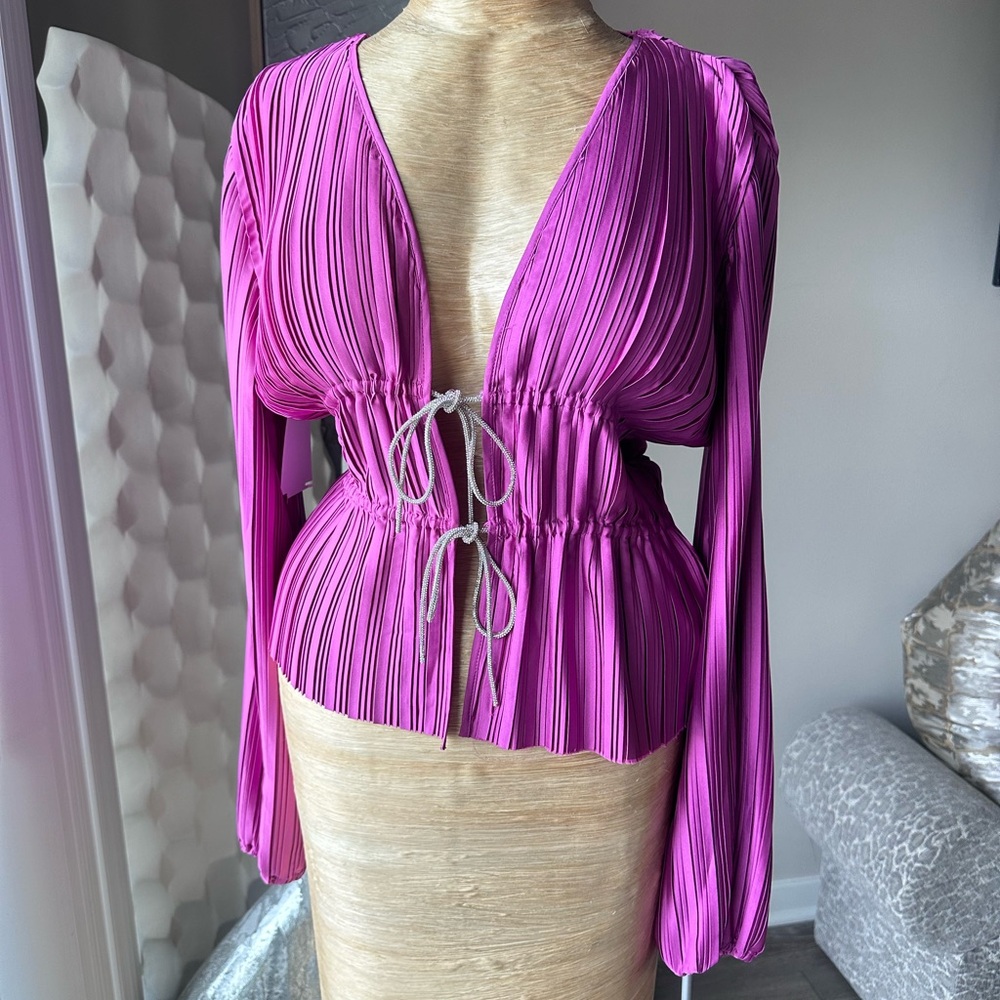 Wayf Payton Tie-Front Blouse in Pink, Size Large Wayf